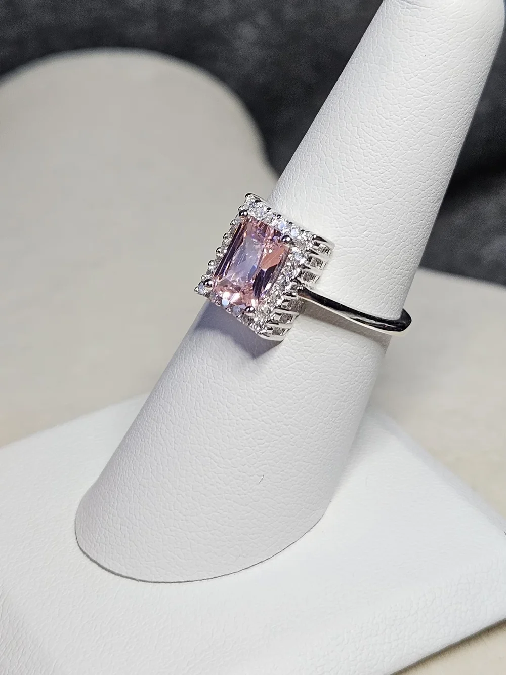 Sterling Silver Ring with Pink Rectangular Center Stone and Halo
